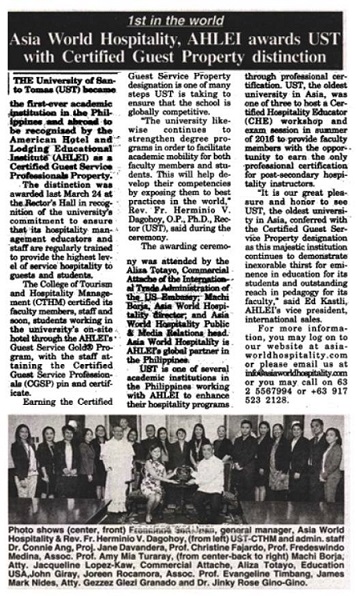 Asia World Hospitality, AHLEI awards UST with Certified Guest Property distinction PJ Tonight, Philippines • Leisure & More • June 7, 2017