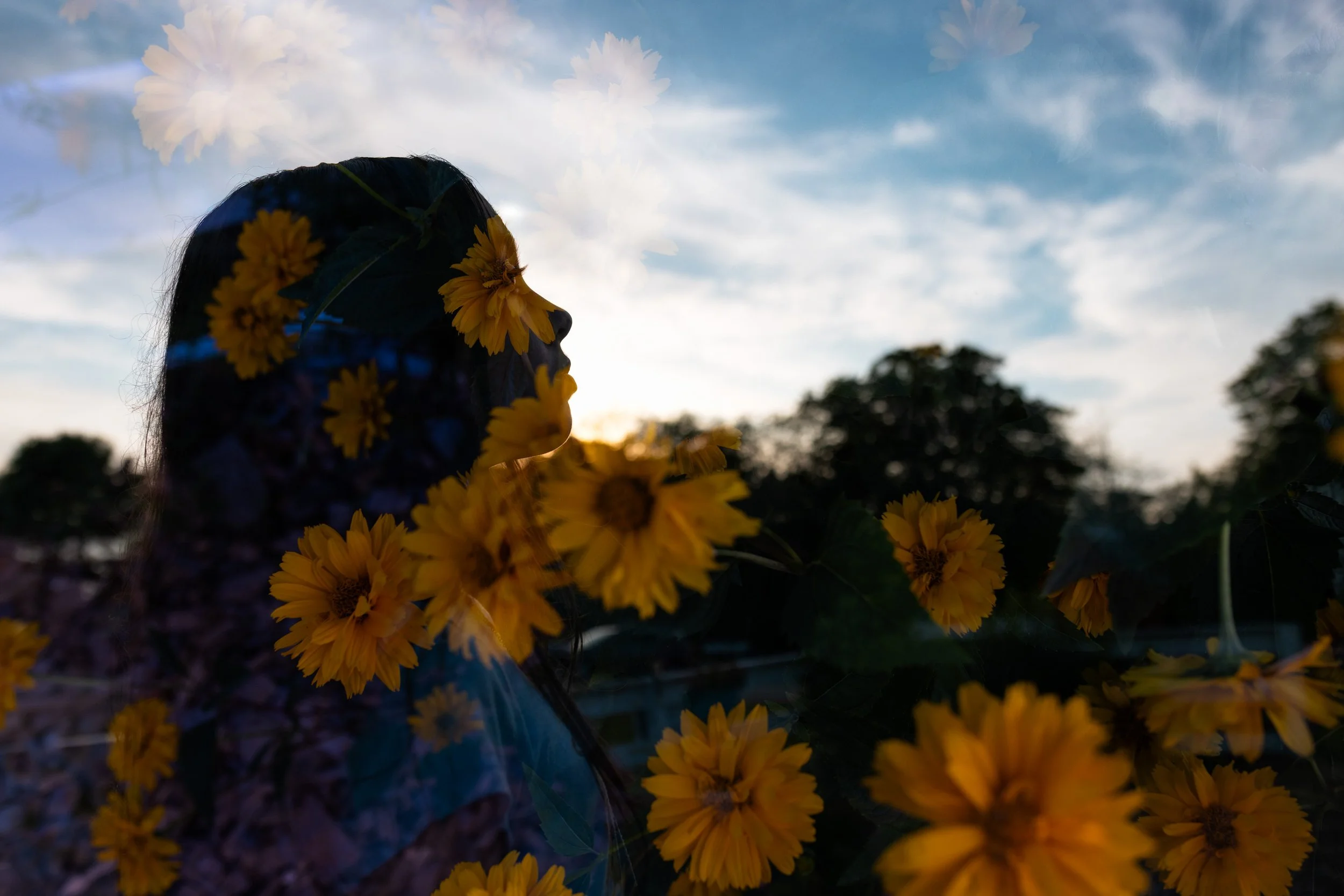 a double exposure photo of a child's profile with bright yellow flowers and a blue sky.