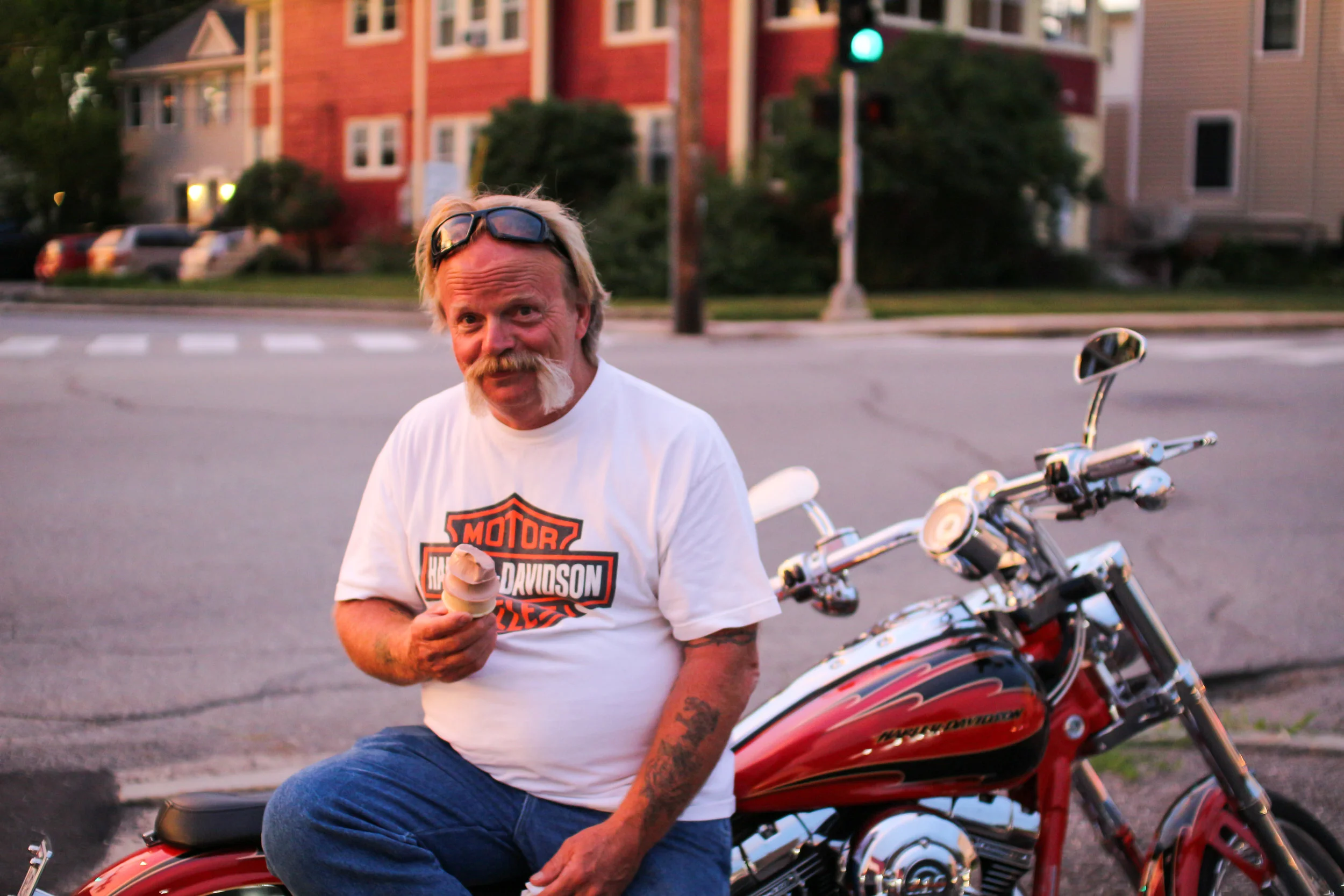 Ron, out for a ride on a beautiful evening stopped by for a cone.