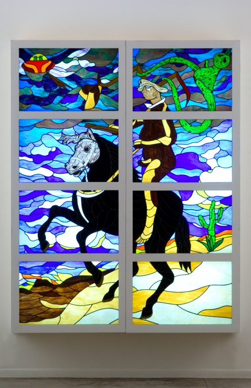 William Villalongo Abduction of the Black Cowboy , 2005 stained glass panels, wood lightbox 108 x 72 inches