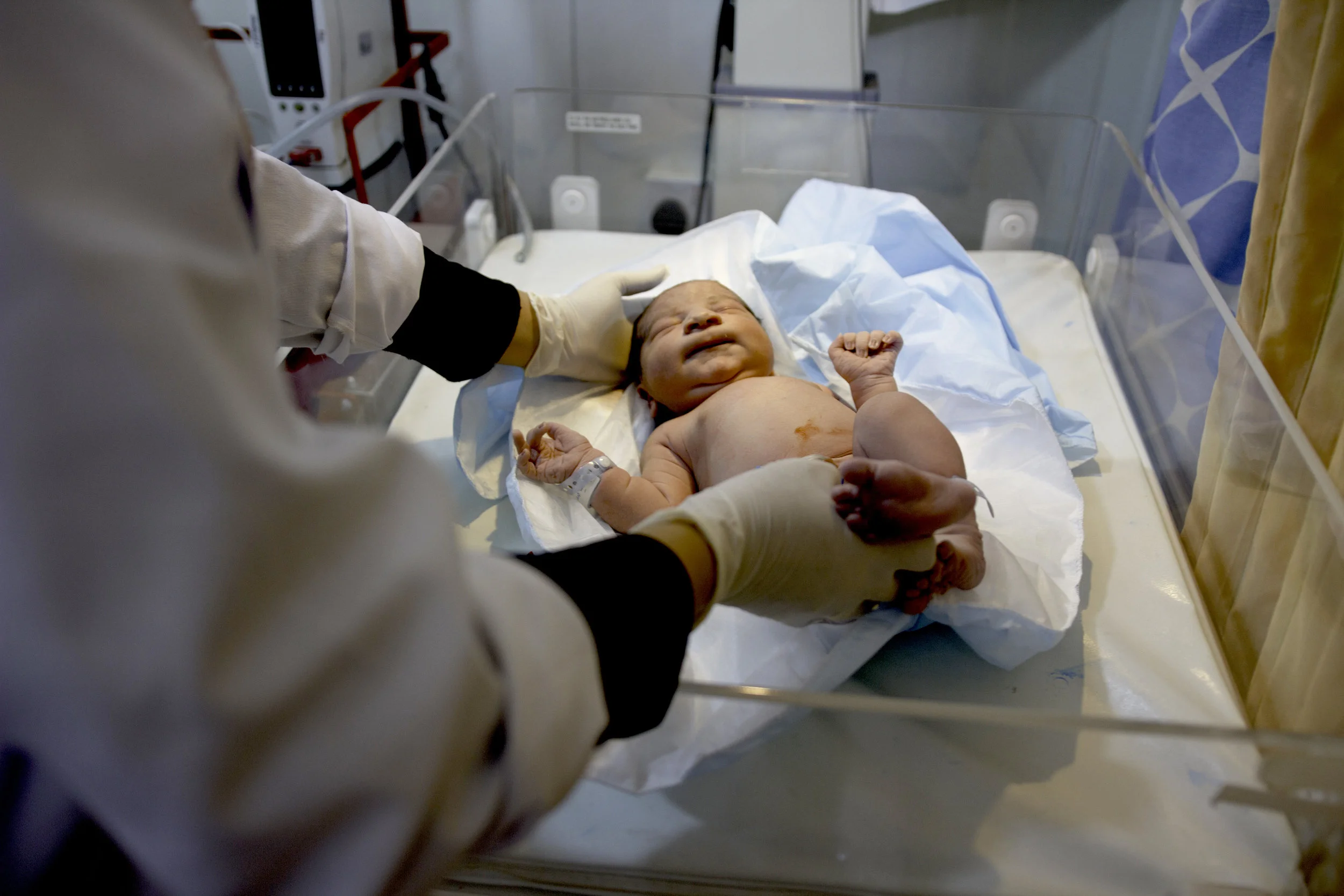 Newborn at Zaatari refugee camp maternity clinic