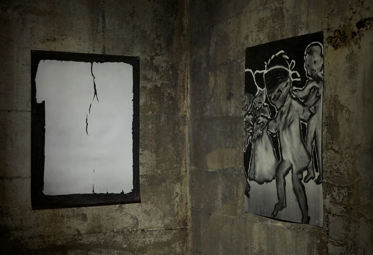 The Daily Caucasian, Raleigh, North Carolina, Wednesday, February 27, 1895 (left) The Game (right) Charcoal on paper, 18"x24", 2018 The Daily Avalanche, Tops Gallery, Memphis, TN, March 24-May 13, 2018