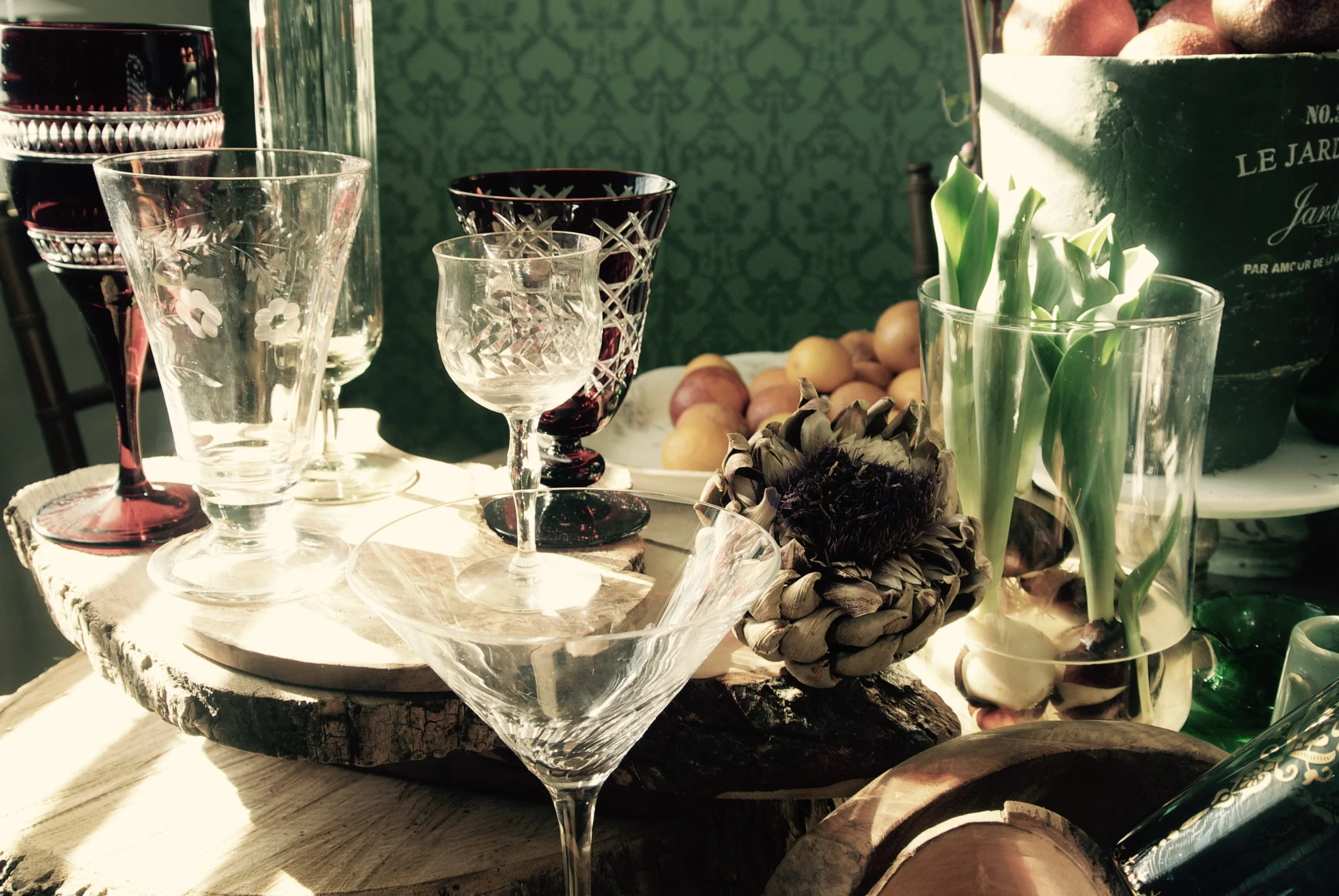 Don't be afraid to mix it up! Differing heights and colors make your selection of glassware much more interesting!