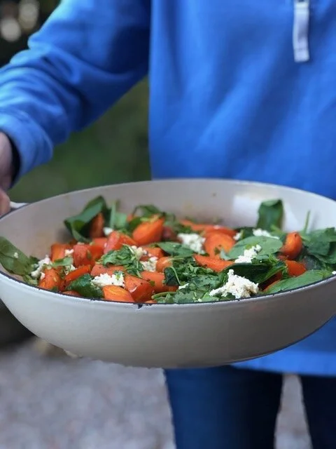 Roasted carrot, wilted baby spinach and Boursin salad
