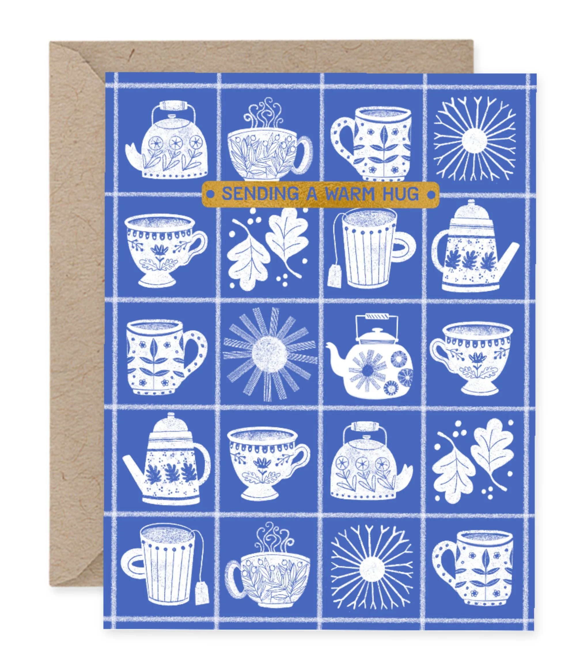 a royal blue greeting card with white teacups, teapots and mugs in a grid pattern with the words sending a warm hug
