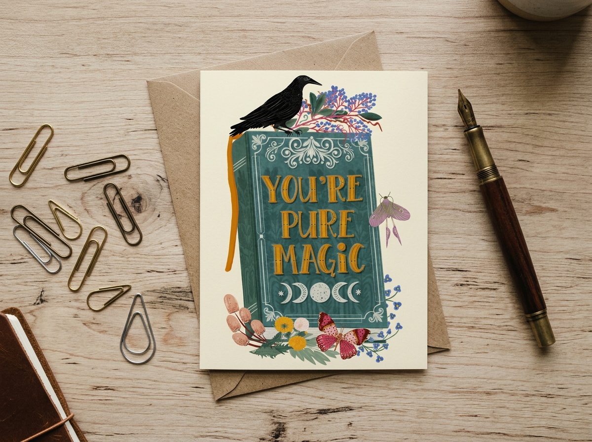 crow and magic book friendship card on a wood desk with paperclips and a dip pen