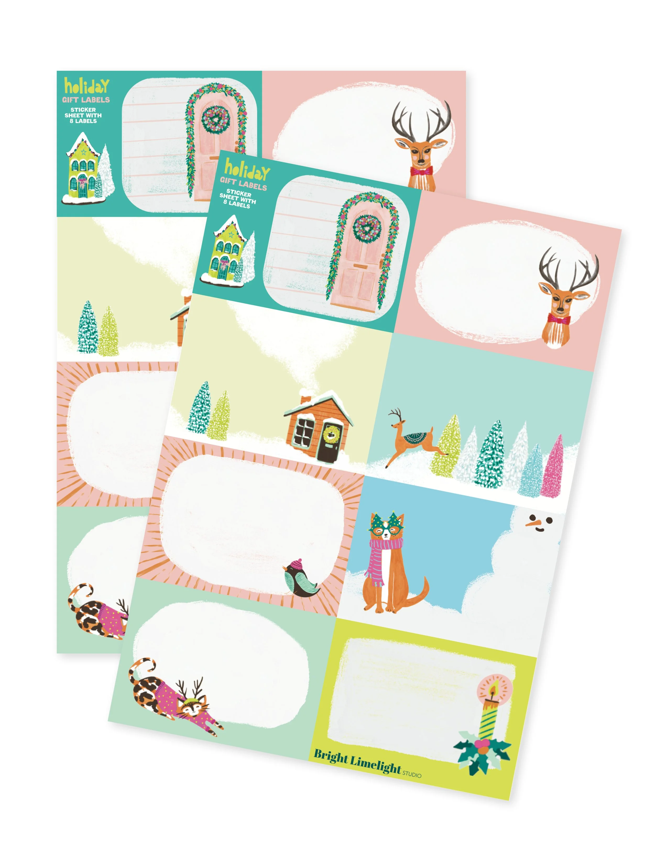 Festive Pets Cats & Dogs Sticker Labels | 2 Sheets with 8 Labels Each
