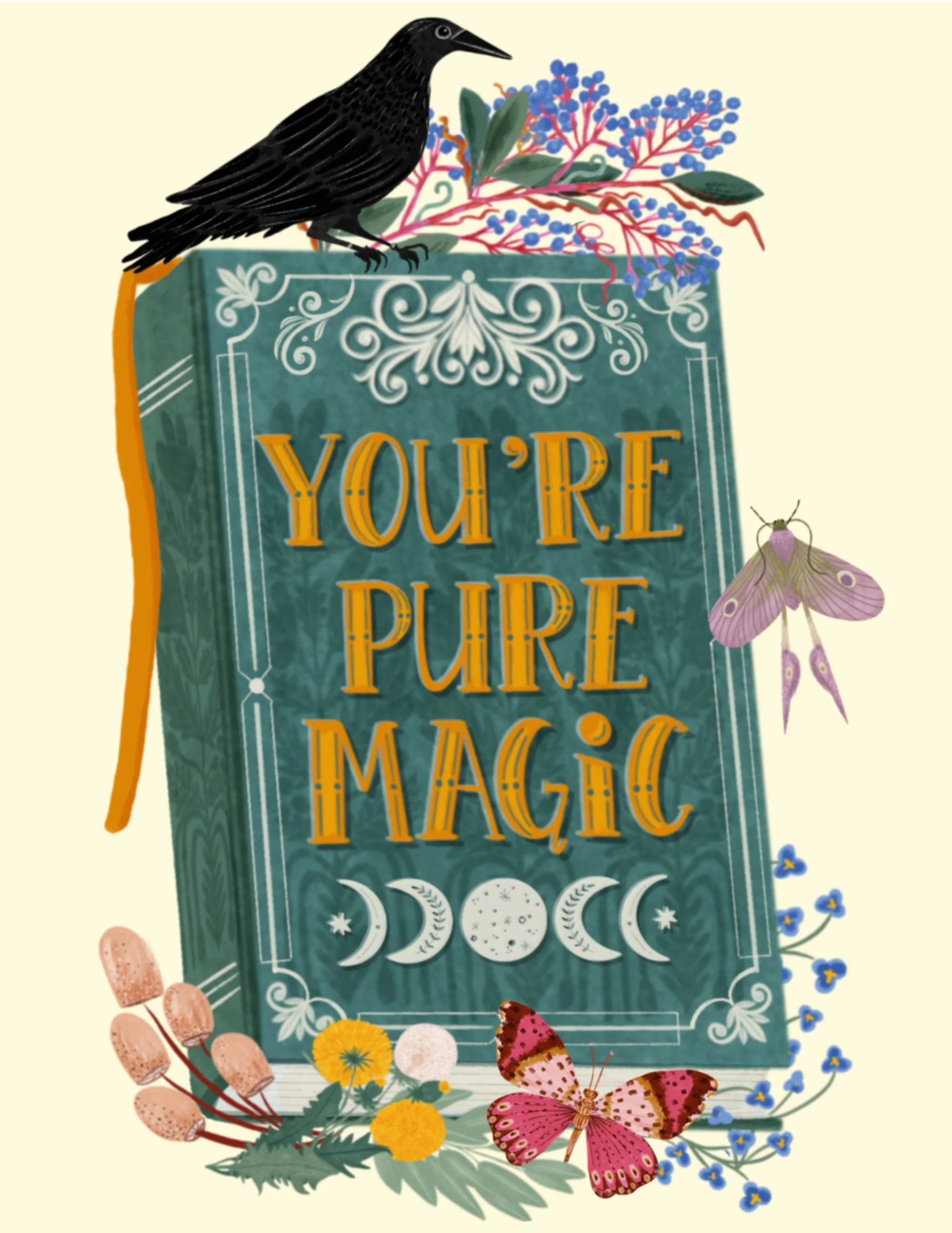 Watercolor greeting card featuring a crow, magic book, and mushrooms against a soft background