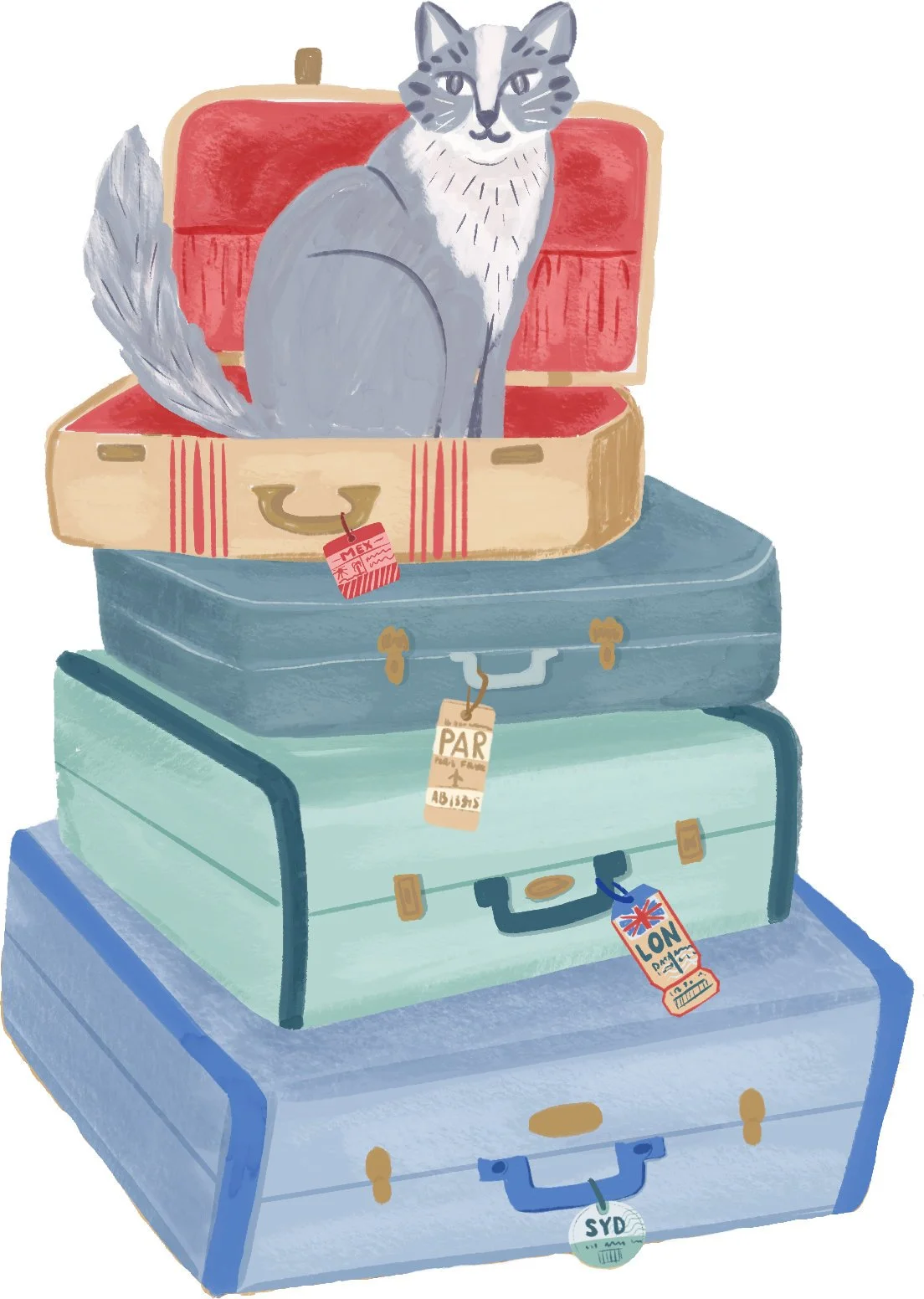 Illustration of a gray and white cat sitting inside an open vintage suitcase on top of three other stacked suitcases, each with travel tags.