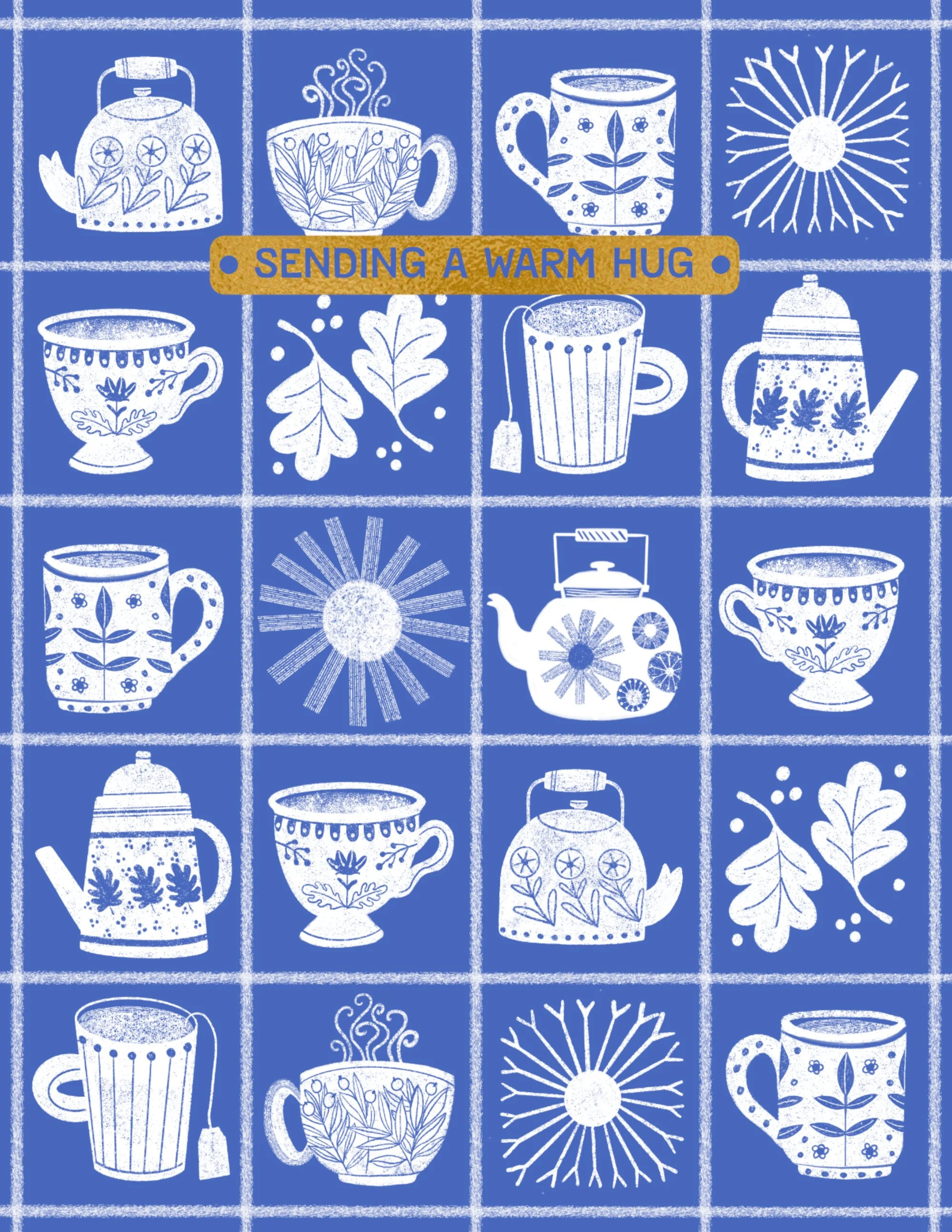 a royal blue get well card with white teacup and teapot graphics on it