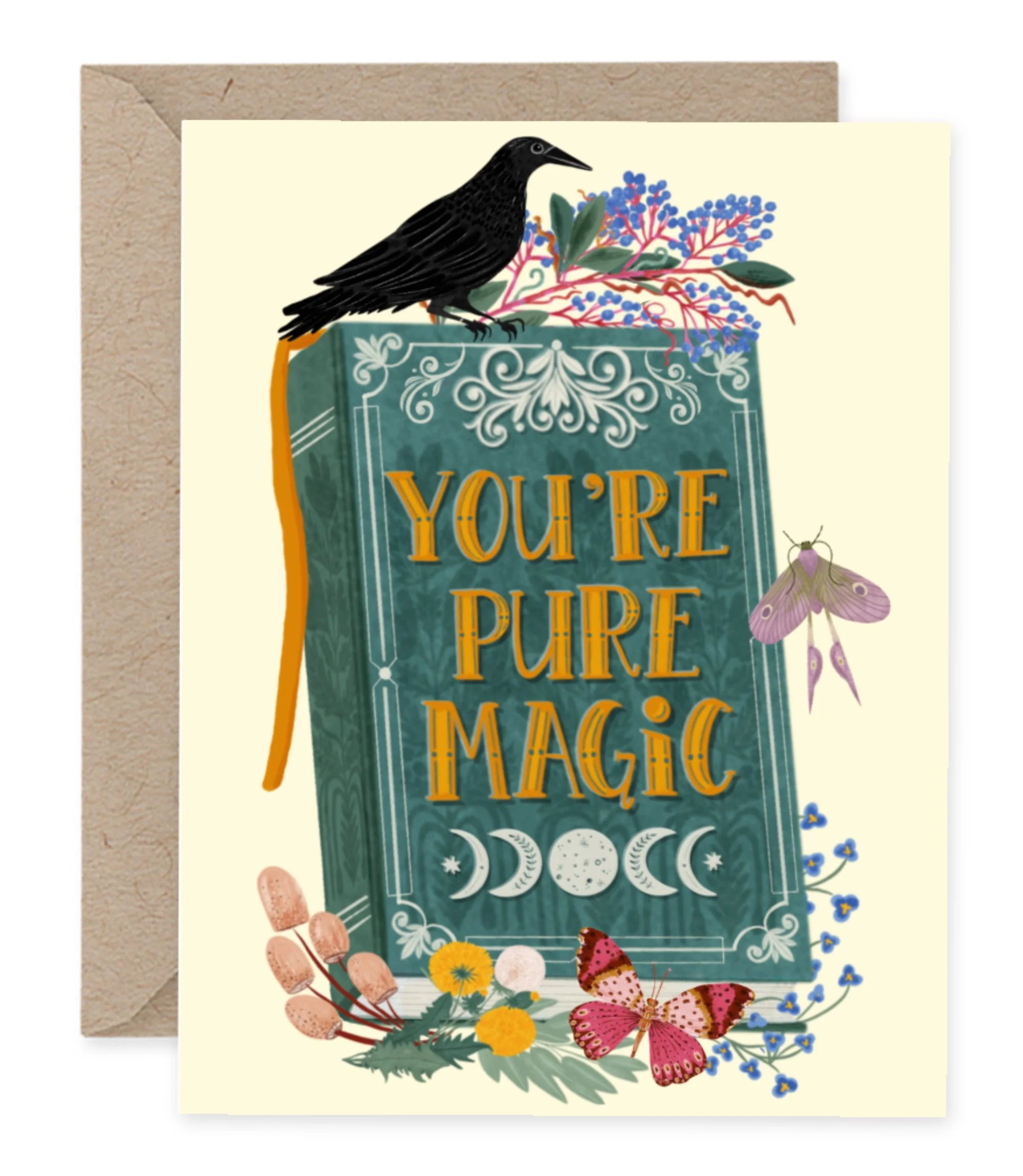 Watercolor greeting card featuring a crow, magic book, moth, and mushrooms against a cream background