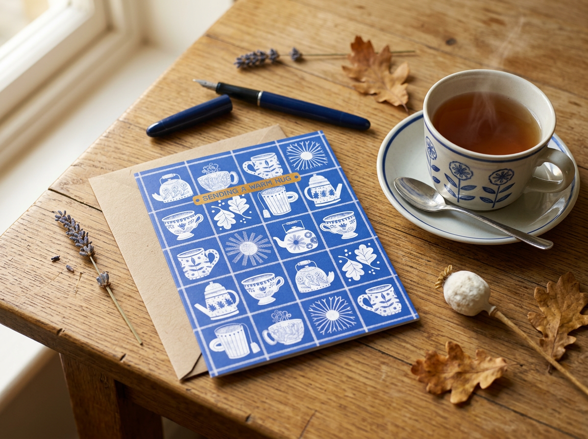 a royal blue teacup get well soon card laying on a wood table with a cup of tea, a pen and scattered dried flowers.  there is a window in the background