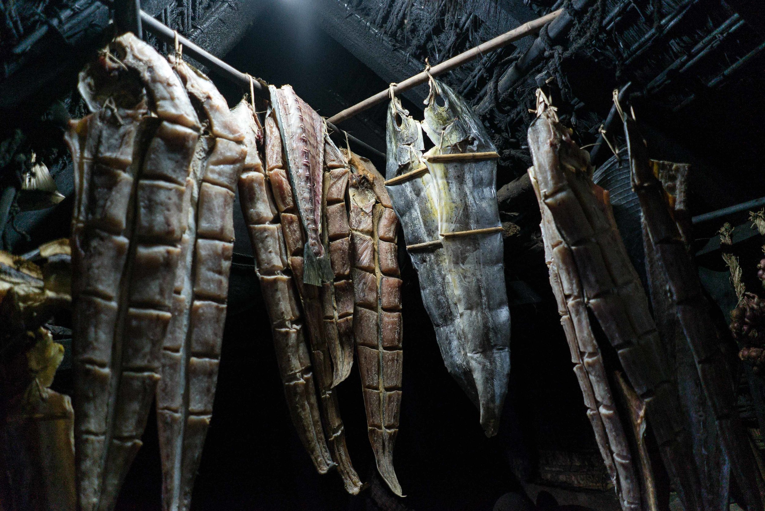  Smoked dorados are hung inside the fishermen's homes.&nbsp;Mahataos practice smoking as a curing method to have a supply of fish throughout the year. 