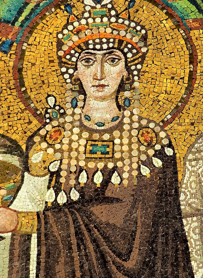 Theodora of Byzantium as depicted in a mosaic in the Basilica of San Vitale, Ravenna