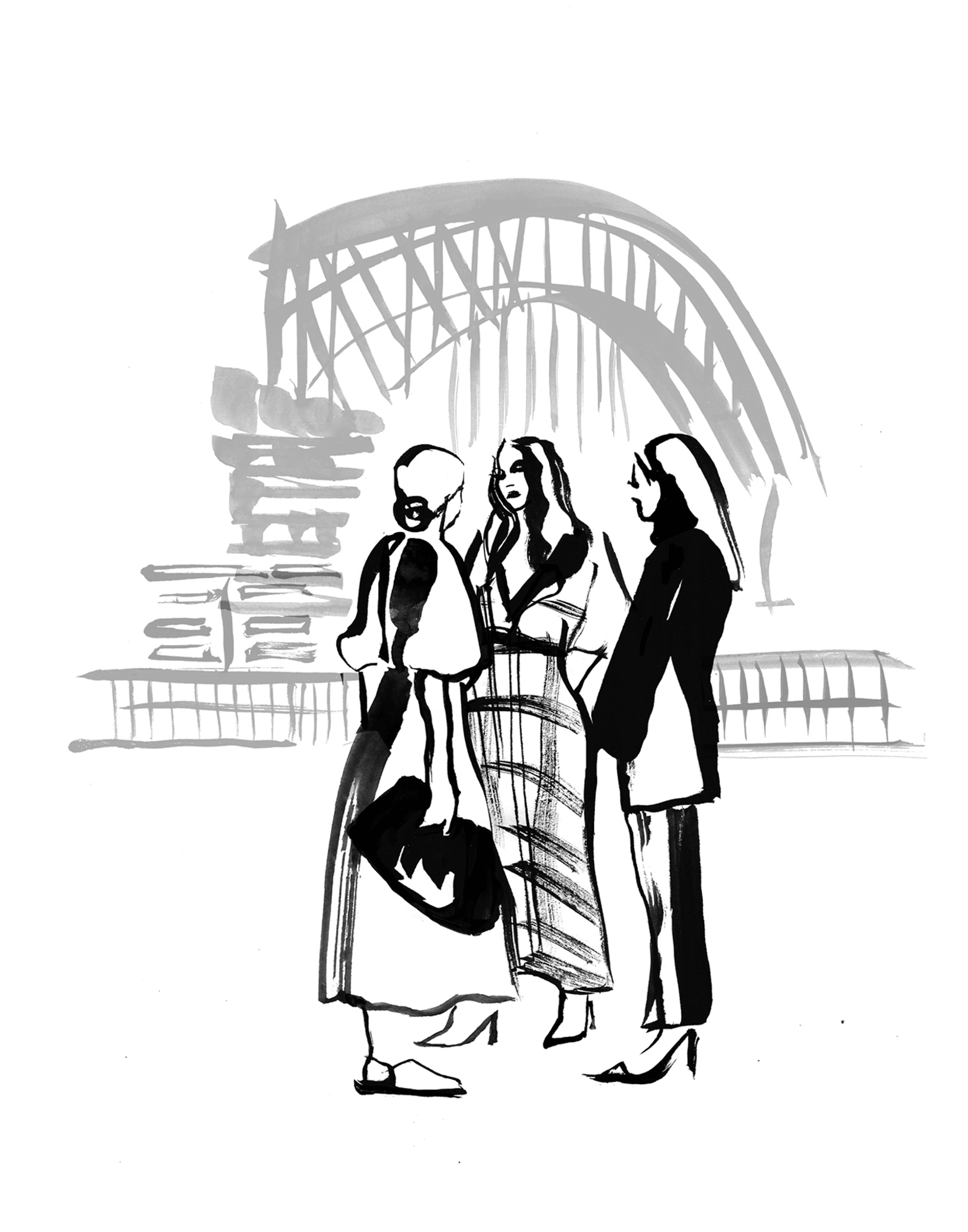 Black and white sketch of three people standing under a large, arched amusement park ride.