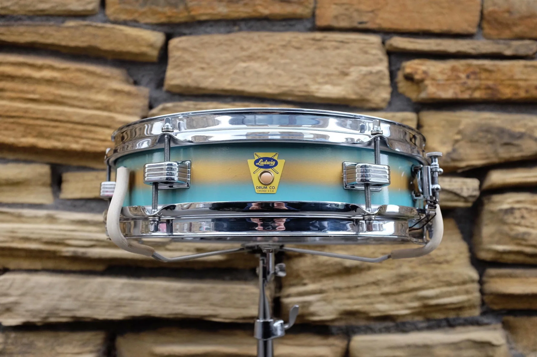 Mar 16 1959 Ludwig 'Jazz Combo' 13x3" in Turquoise and Gold Duco. Restored and sold in October 2017.