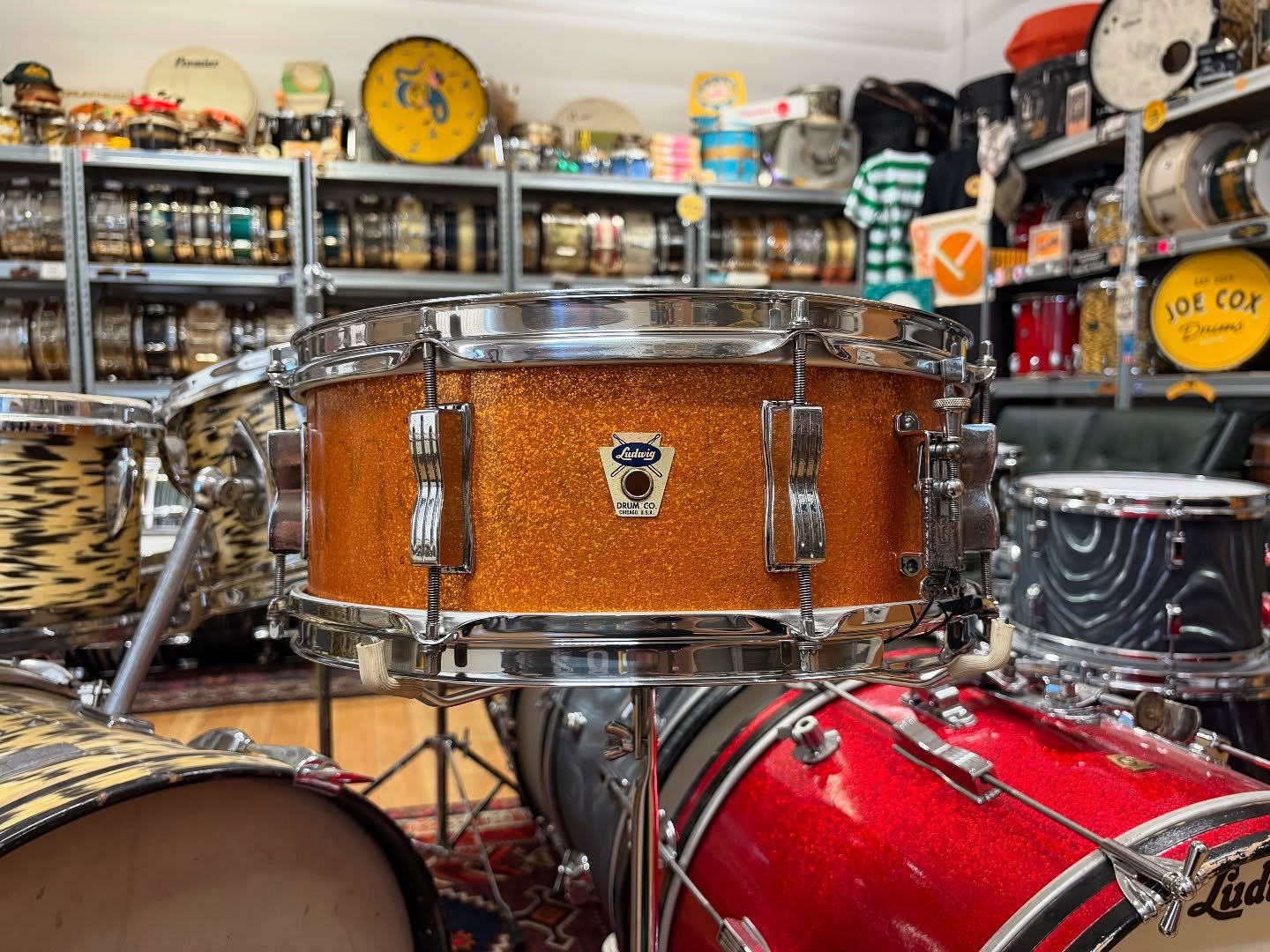 Following its spa treatment in the workshop, this 1960 Ludwig &lsquo;New Barrett Deems Model&rsquo; 14x5.5&rdquo; in Sparkling Gold Pearl is looking for a new home, available now from my site.
