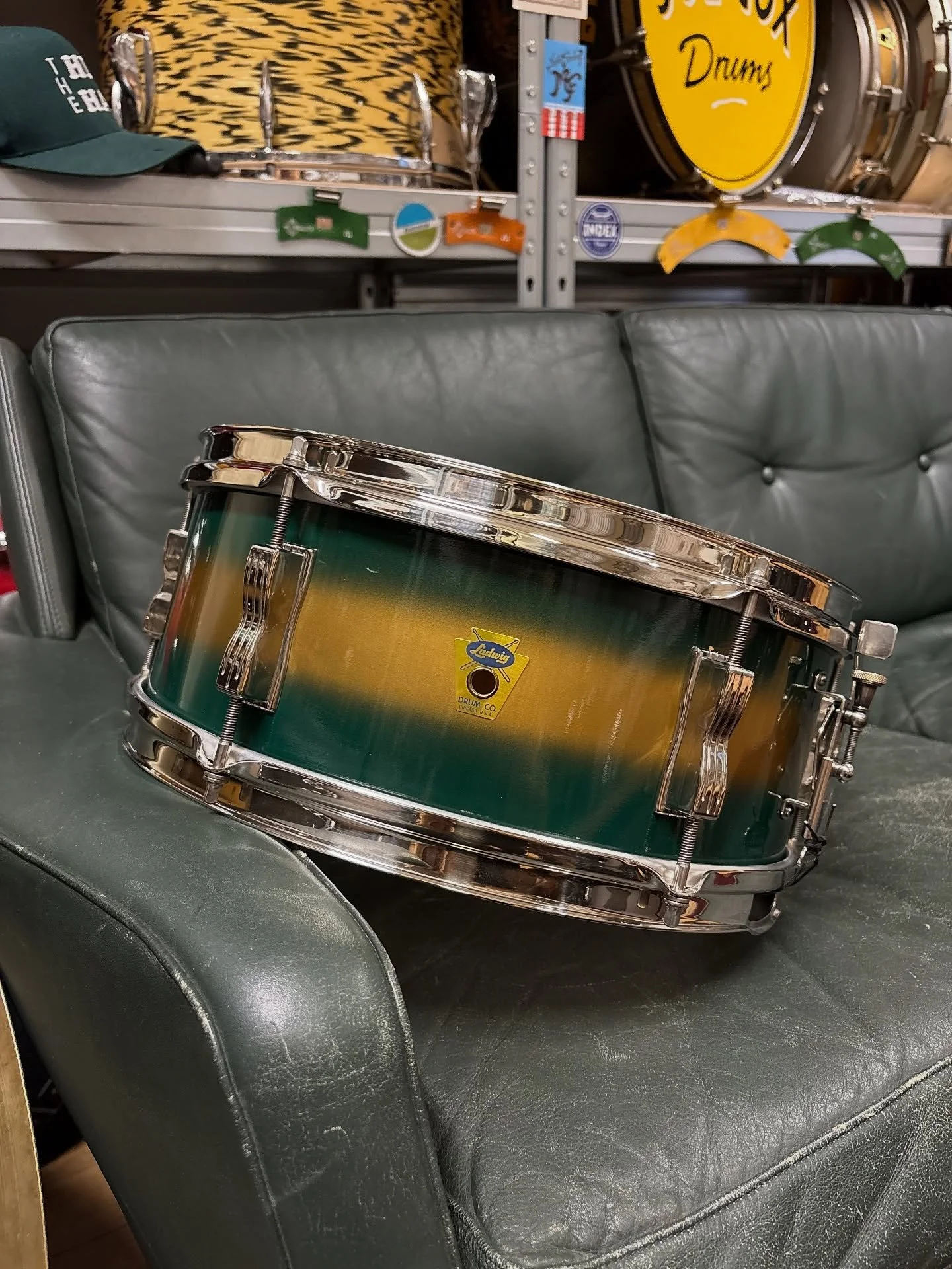 Apr 20 1959 Ludwig &lsquo;Supreme Concert&rsquo; 14x5.5&rdquo; in Green &amp; Gold Duco. Fresh off my bench and ready for a new home. 

Legendary 3-ply shell, transitional badge and all original nickel over brass hardware. 

Swipe for before and afte
