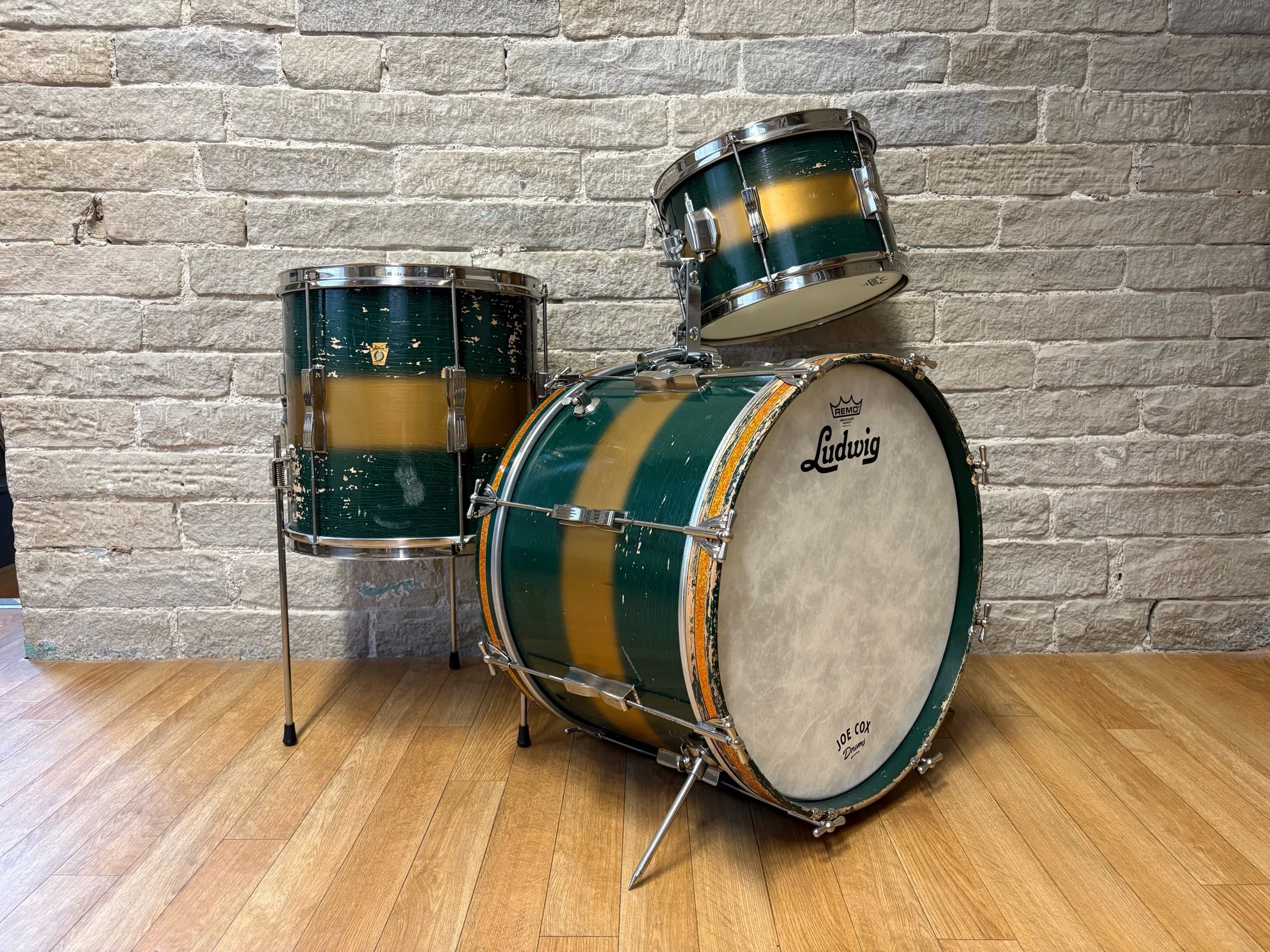 May 1965 Ludwig 'Club Date' 20x14", 12x8", 14x14" in Green & Gold Duco
