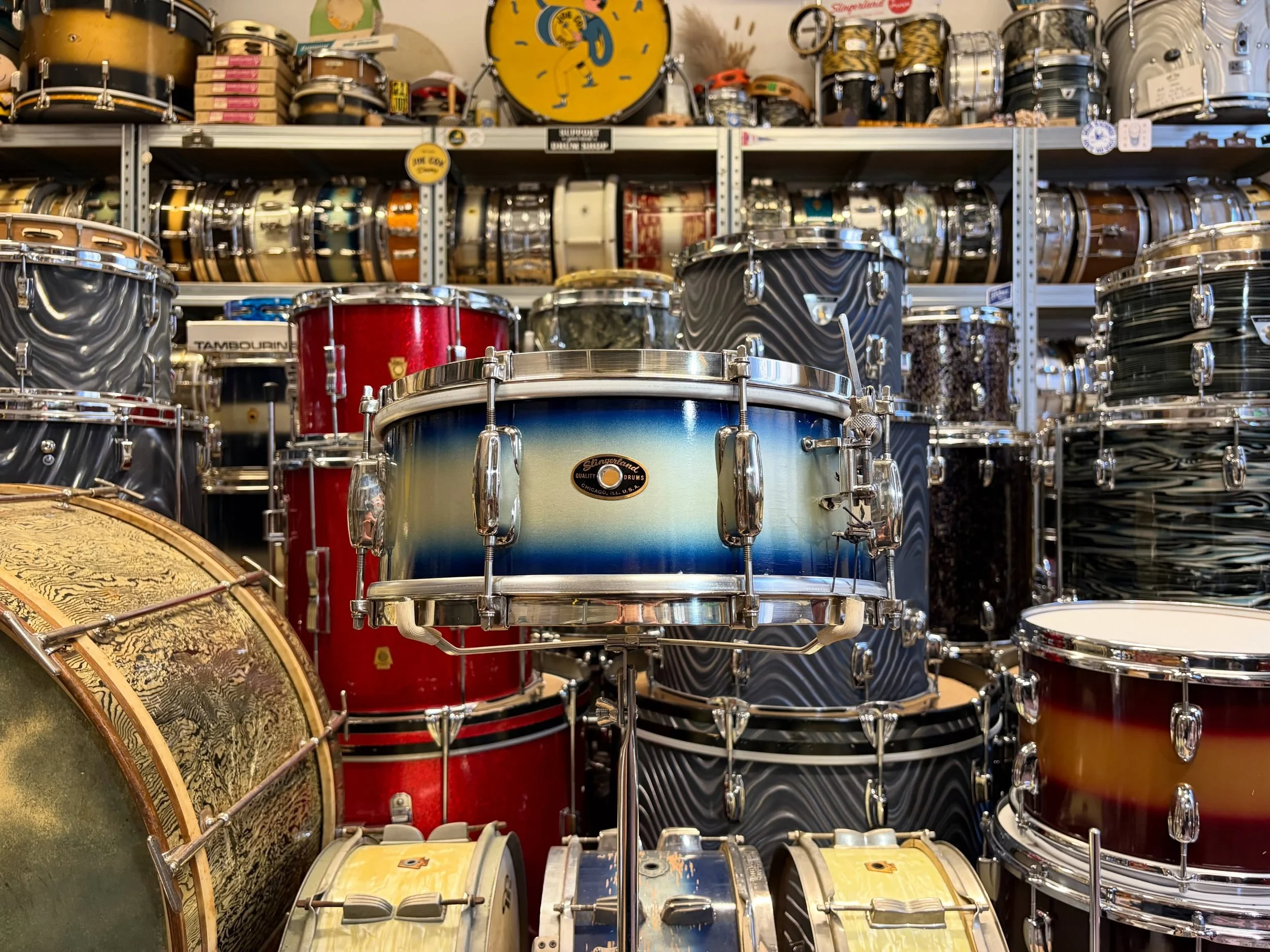 Just listed: 1956-59 Slingerland &lsquo;Student Model Radio King&rsquo; 14x5.5&rdquo; snare drum in Blue &amp; Silver Duco. 

Warm 3-ply shell with re-rings. 

All original nickel over brass hardware including three-point Radio King strainer and sing