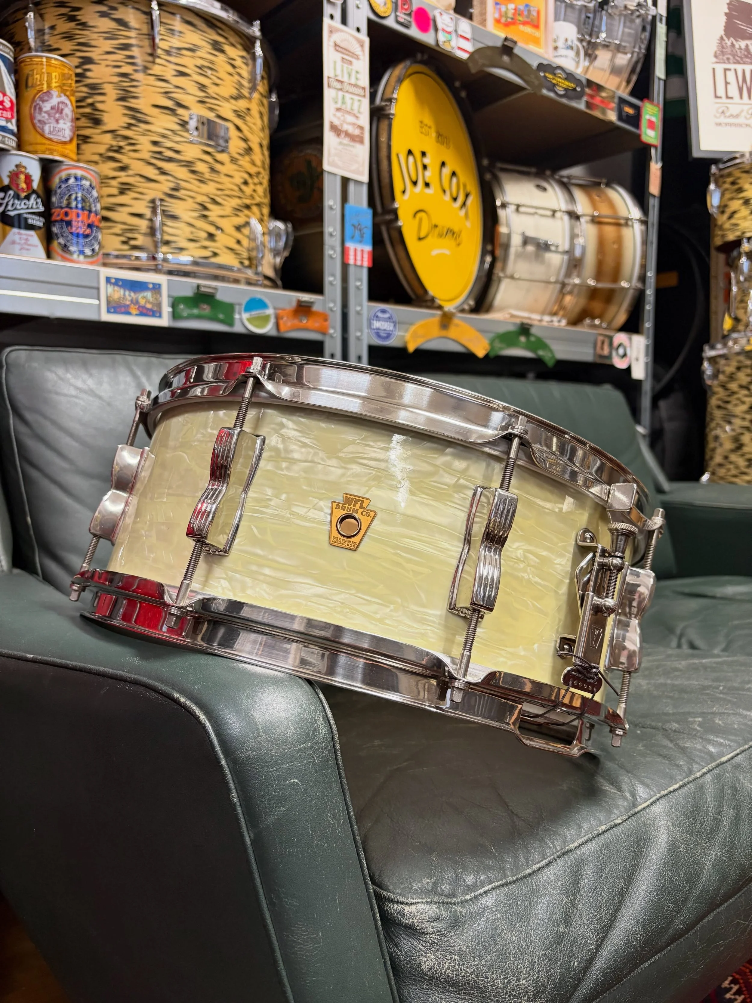 Early 1950s WFL &lsquo;New Swingster Dance Model&rsquo; 14x5.5&rdquo; in original White Marine Pearl. All original hardware including nickel over brass hoops. A delightful drum leaving for a new home. Swipe for the before.