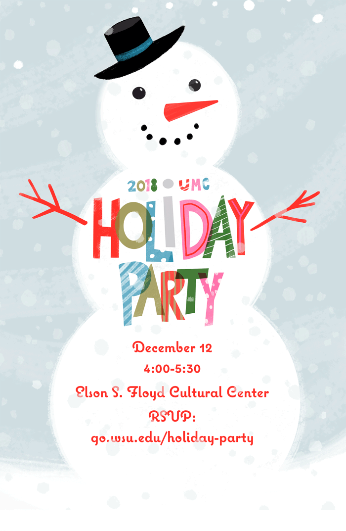 Digital illustration and gif for University Communications Holiday Party. Used for an email and online rsvp and printed as posters