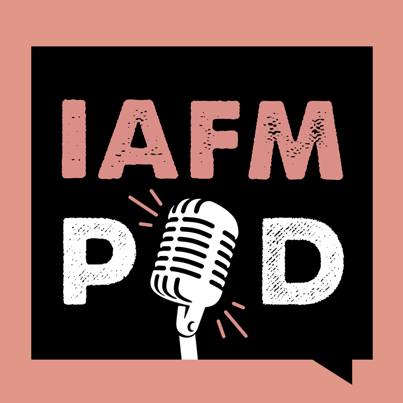 Logo with 'IAFM POD' text and vintage microphone graphic on black background, peach border.