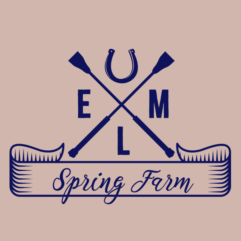 Logo featuring interlocking horse whips and a horseshoe, with the letters E, L, M inside, above the text 'Spring Farm' in script.