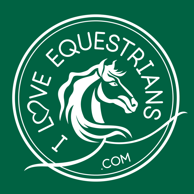 Logo featuring a stylized horse head with the text 'I Love Equestrians.com' in a circular design on a green background.