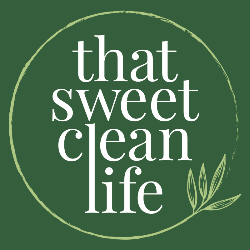 "That Sweet Clean Life" logo with green background and leafy circle design.