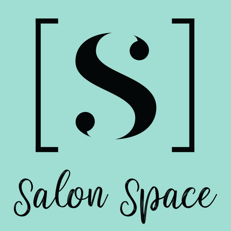 Logo featuring a stylized "S" surrounded by square brackets, with the text "Salon Space" below on a light teal background.