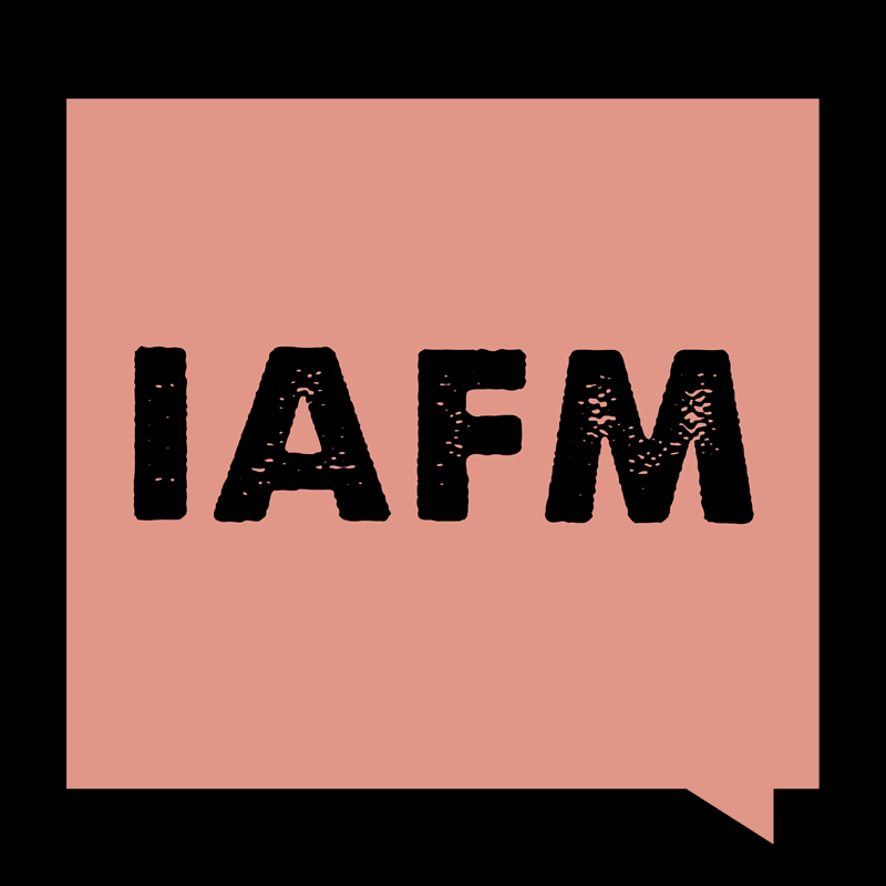 Logo with pink speech bubble with text "IAFM" in bold black letters.