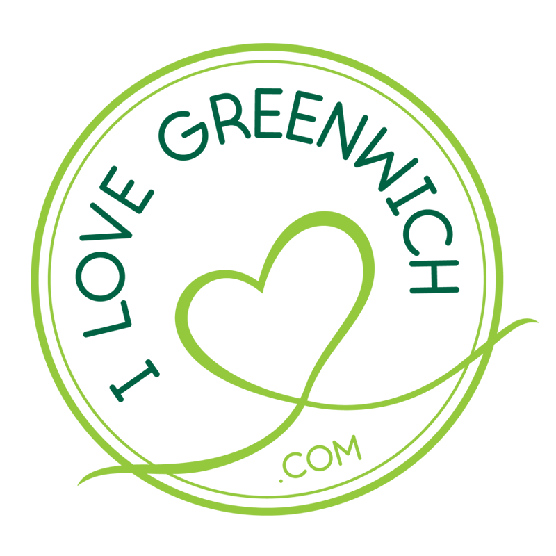 Circular logo with the text 'I Love Greenwich' and a heart, colored in green.
