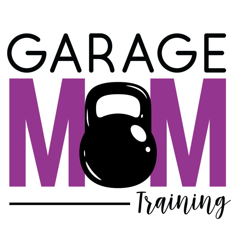 "Garage Mom Training" logo with a kettlebell integrated into the design, featuring bold purple and black text.