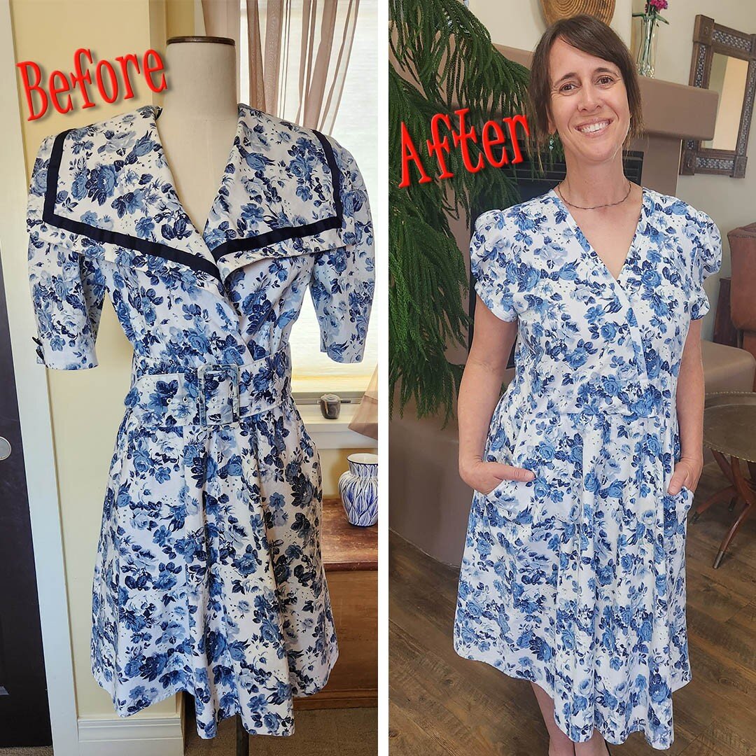 I completed my dress re-do just in time for Easter! It went from totally ugly 80's to cute and springy. I found it at a local thrift store several years ago for theme party, and since then, it's been sitting in my closet occupying space with its enor