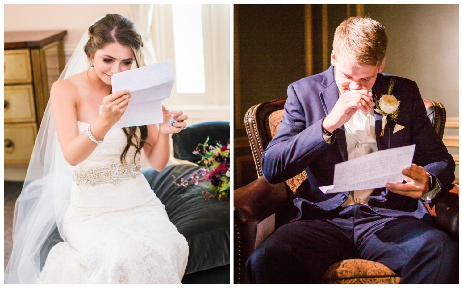 Bride and groom reading letters. Photographed by JMGant Photography, Denver Colorado wedding photographer. 
