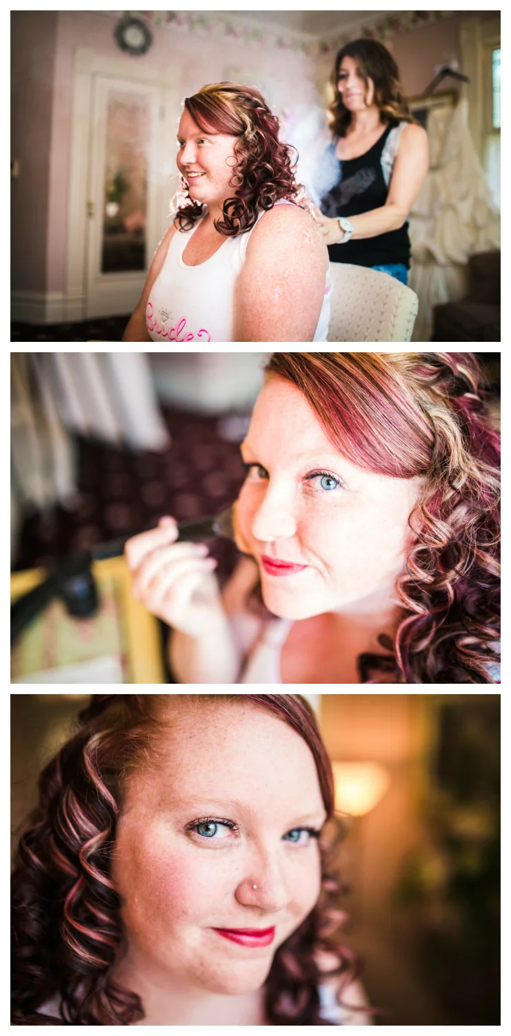 Bride getting her hair and makeup done. Photographed by JMGant Photography.