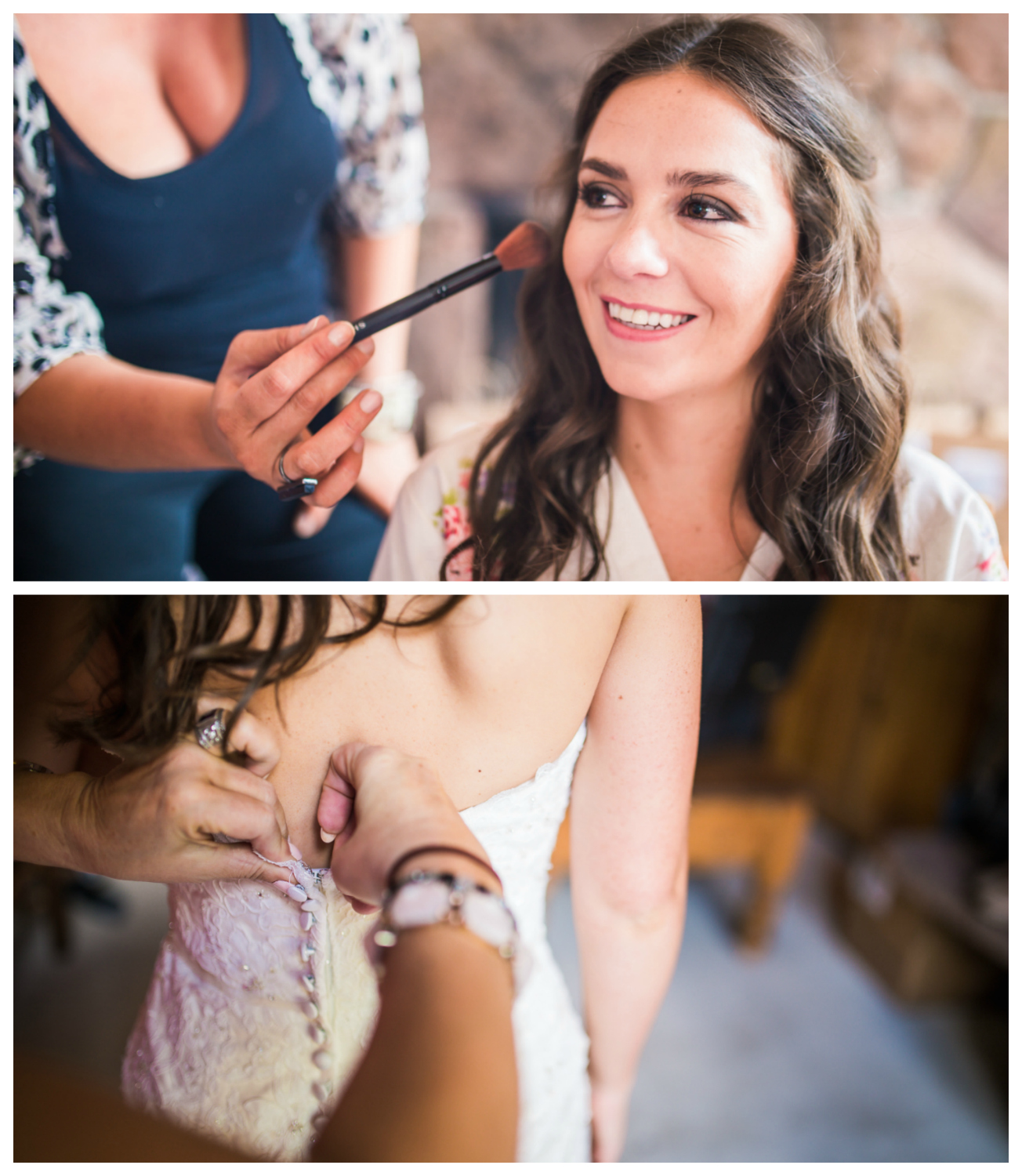 Bride getting in her dress for her Vail Colorado Wedding photographed by JMGant Photography.