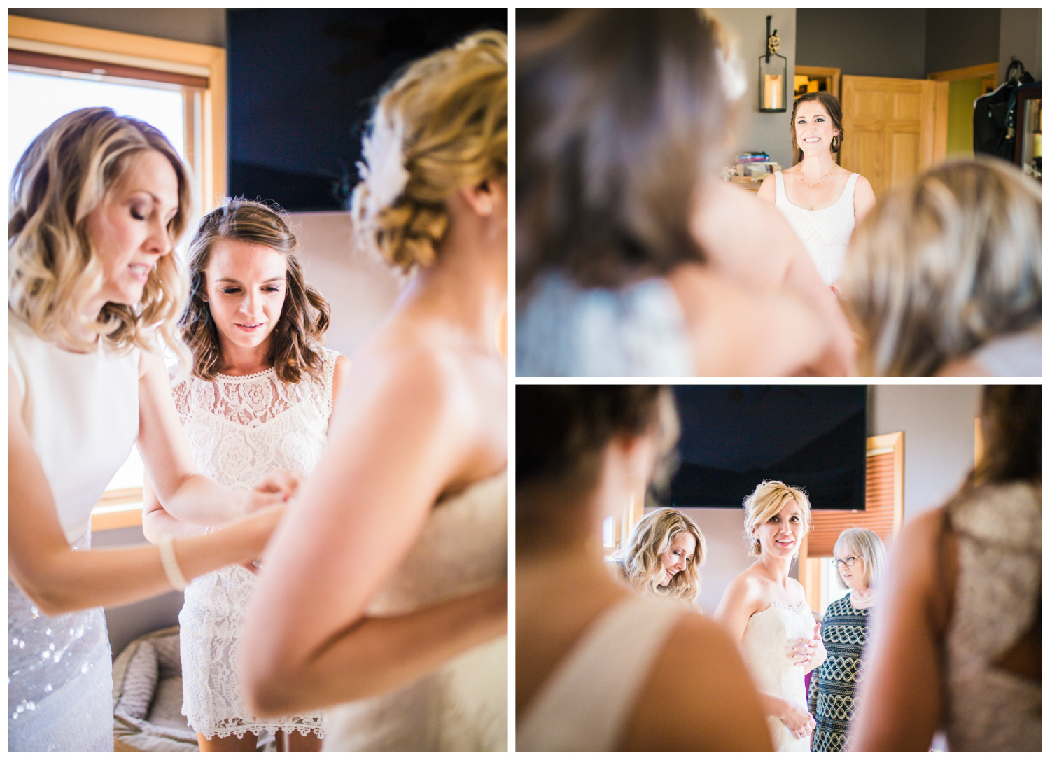 Bride getting in her dress. 