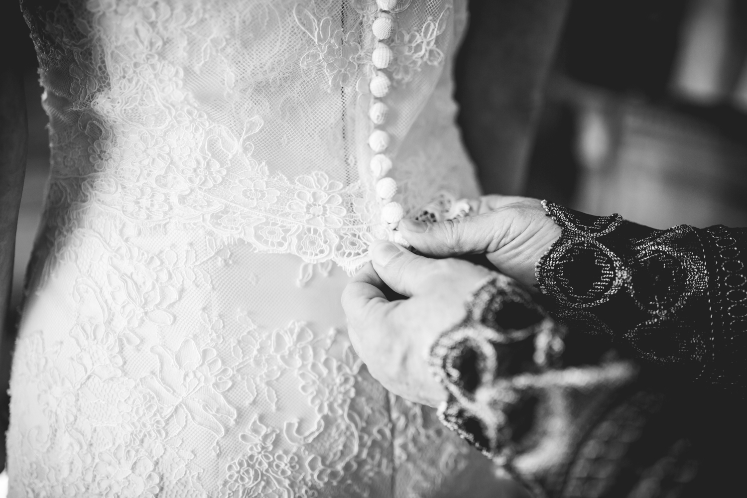 Bride getting in her dress. 