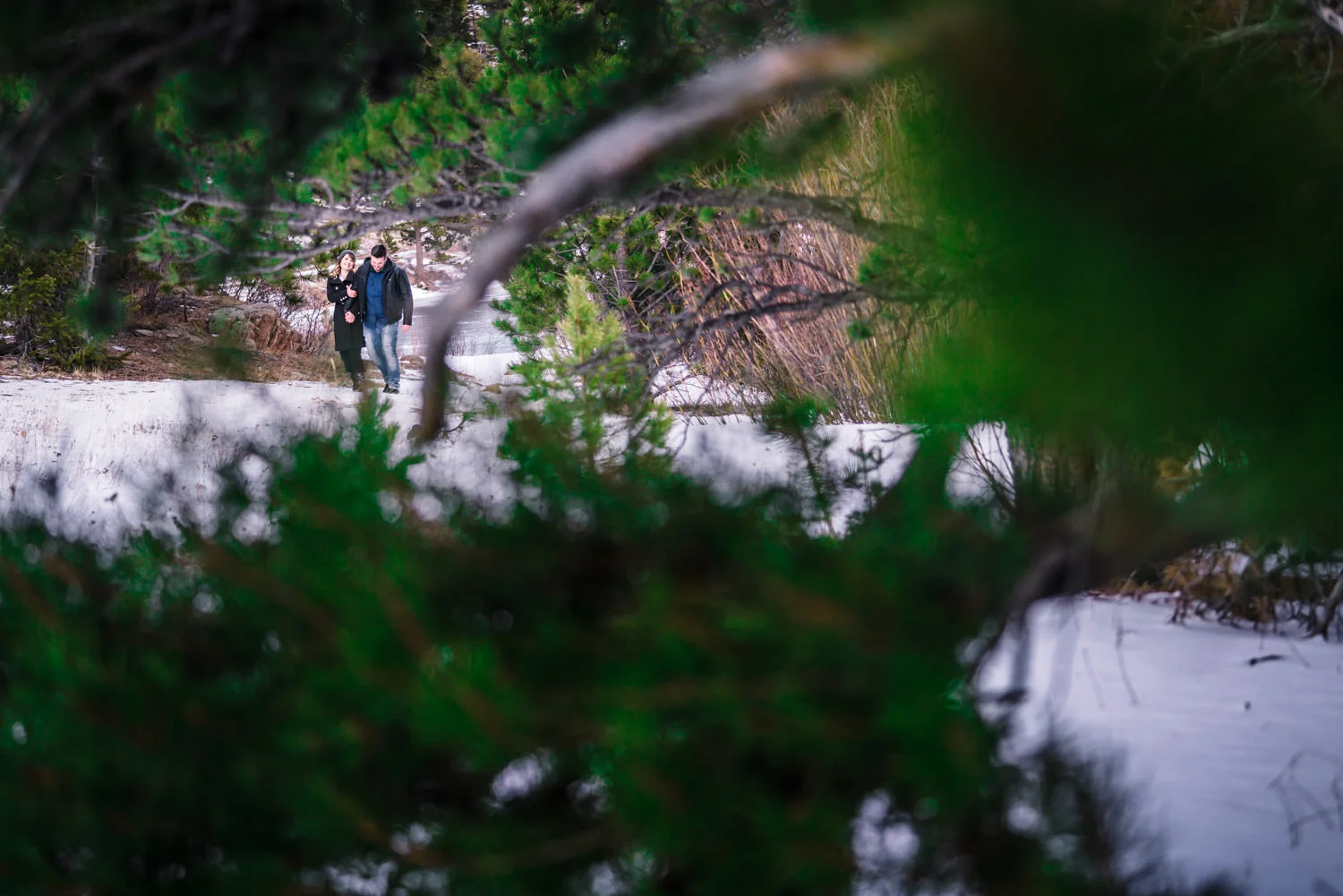 Snowy Estes Park Colorado engagement photos taken at Lily Lake in Rocky Mountain National. Photographed by JMGant Photography.