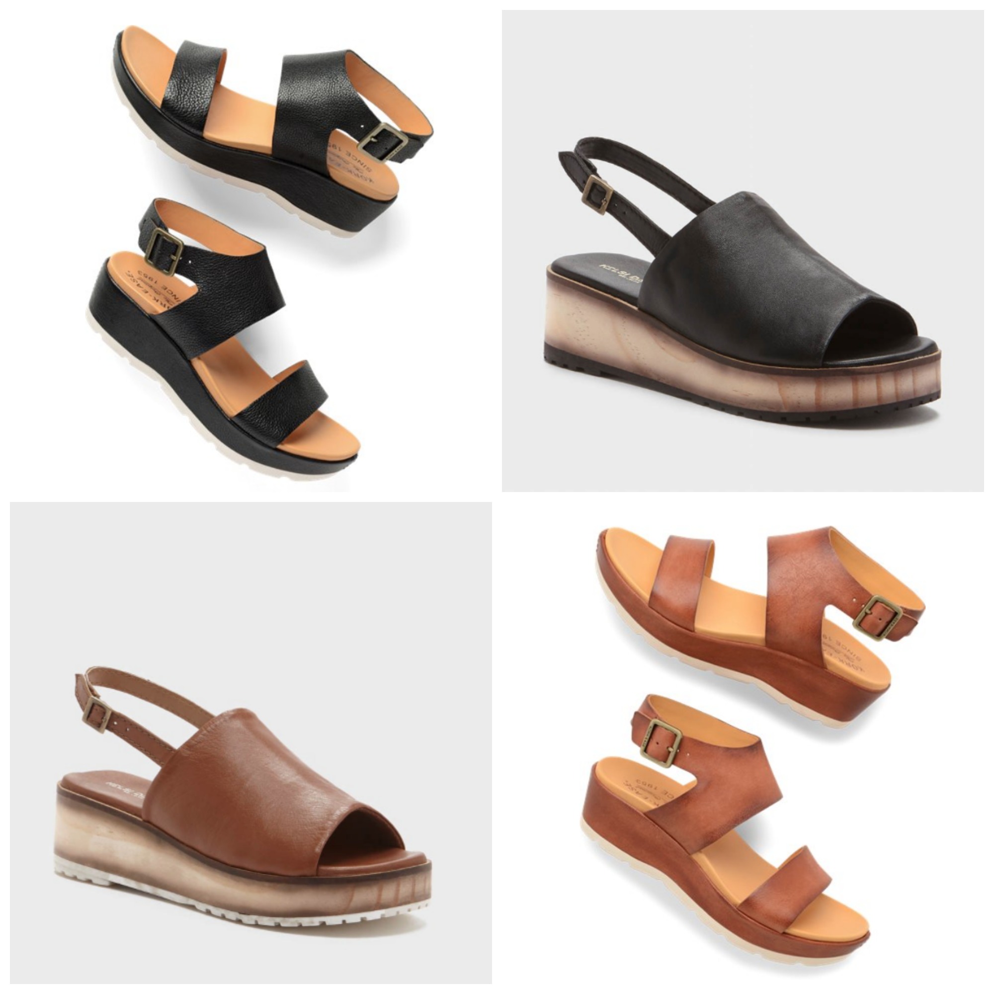 Upper Left : Kork Ease Khloe Wedge Sandal in Black Upper Right : Kelsi Dagger Dumont Wedge in Black Lower Left : Kelsi Dagger Dumont Wedge in Tan Lower Right : Kork Ease Khloe Wedge Sandal in Tan