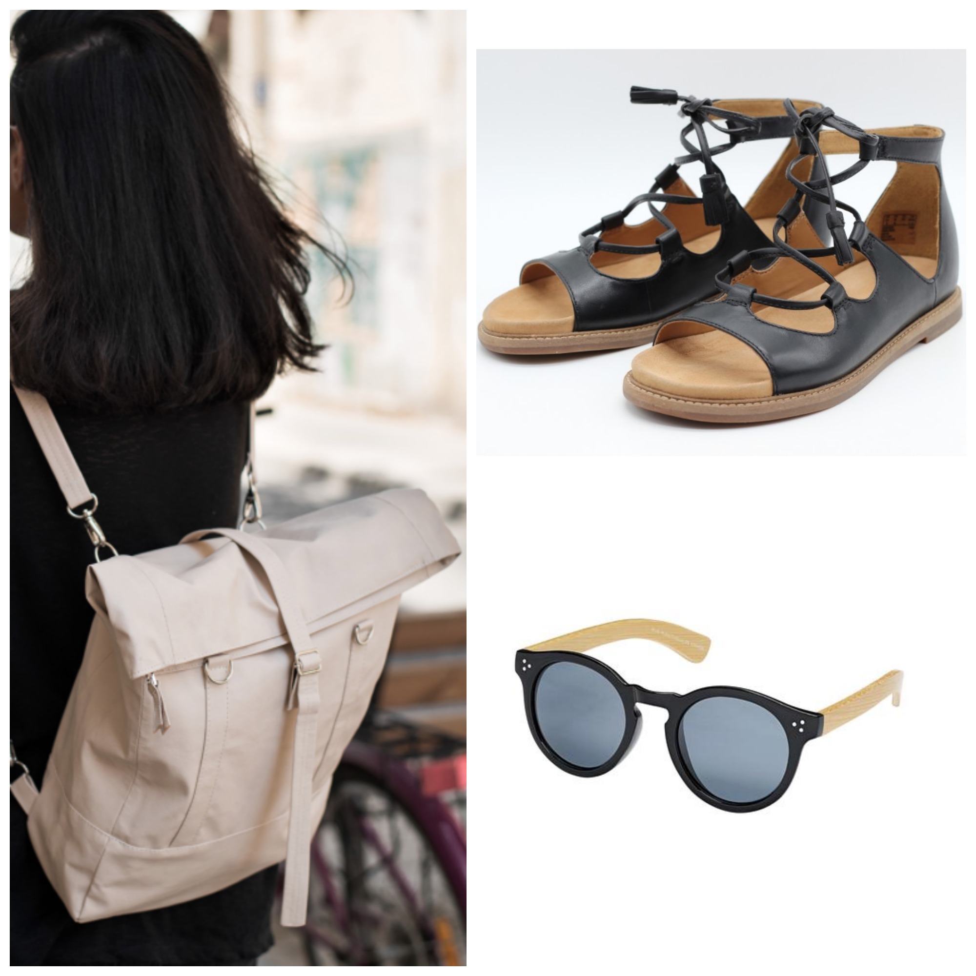 Lee Coren vegan backpack, Clarks 'Corsio' sandal, Blue Planet sunglasses