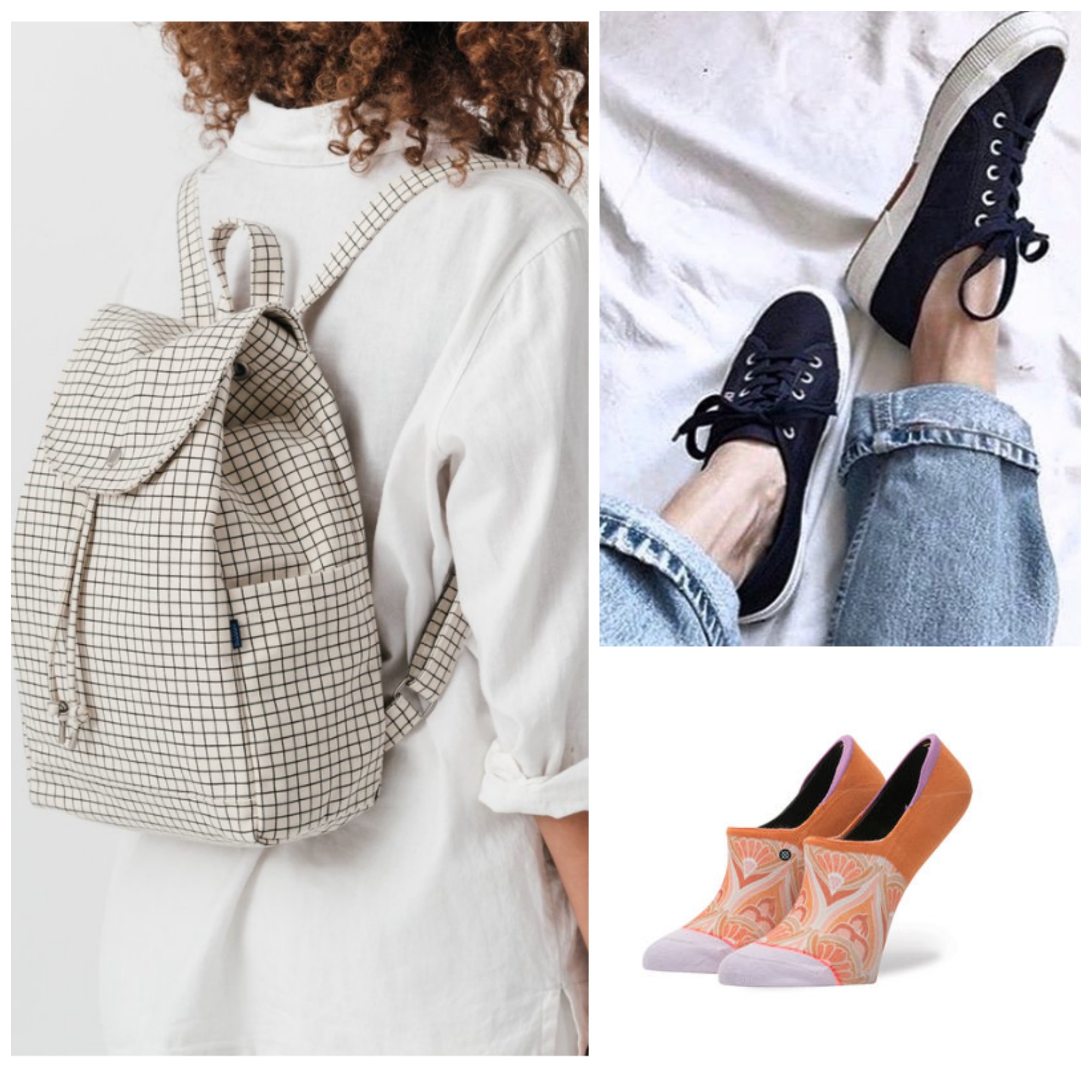 Baggu canvas backpack, Superga sneakers, Stance invisible liners 