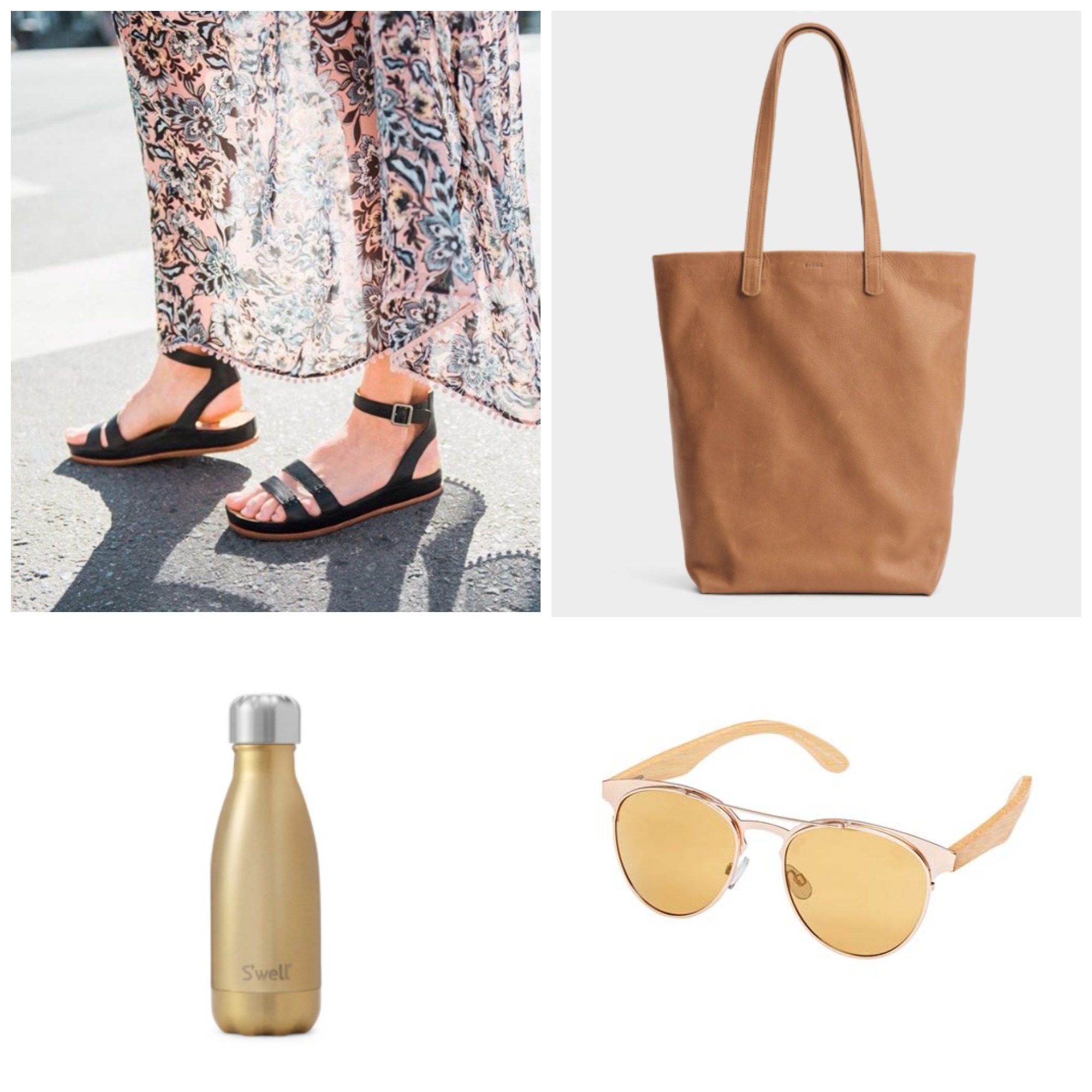 Korkease 'Audrina' sandal, Baggu leather tote, 9oz S'well bottle, Blue Planet sunglasses