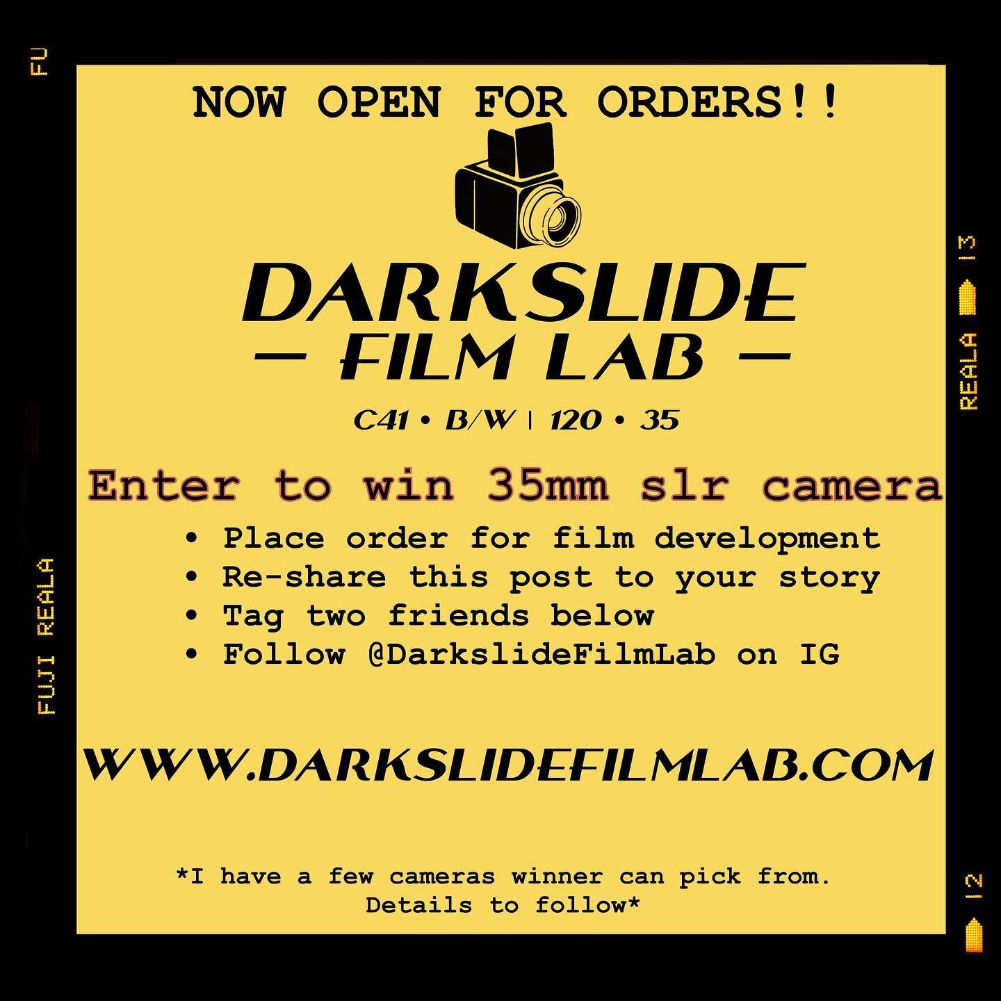 TODAY IS THE BIG DAY!!! Darkslide Film Lab is now open for orders!!!! I have worked so hard on this for the past 7 months, and to celebrate finally being able to launch im giving away one of my *many* cameras. I have a few the winner can pick from!!
