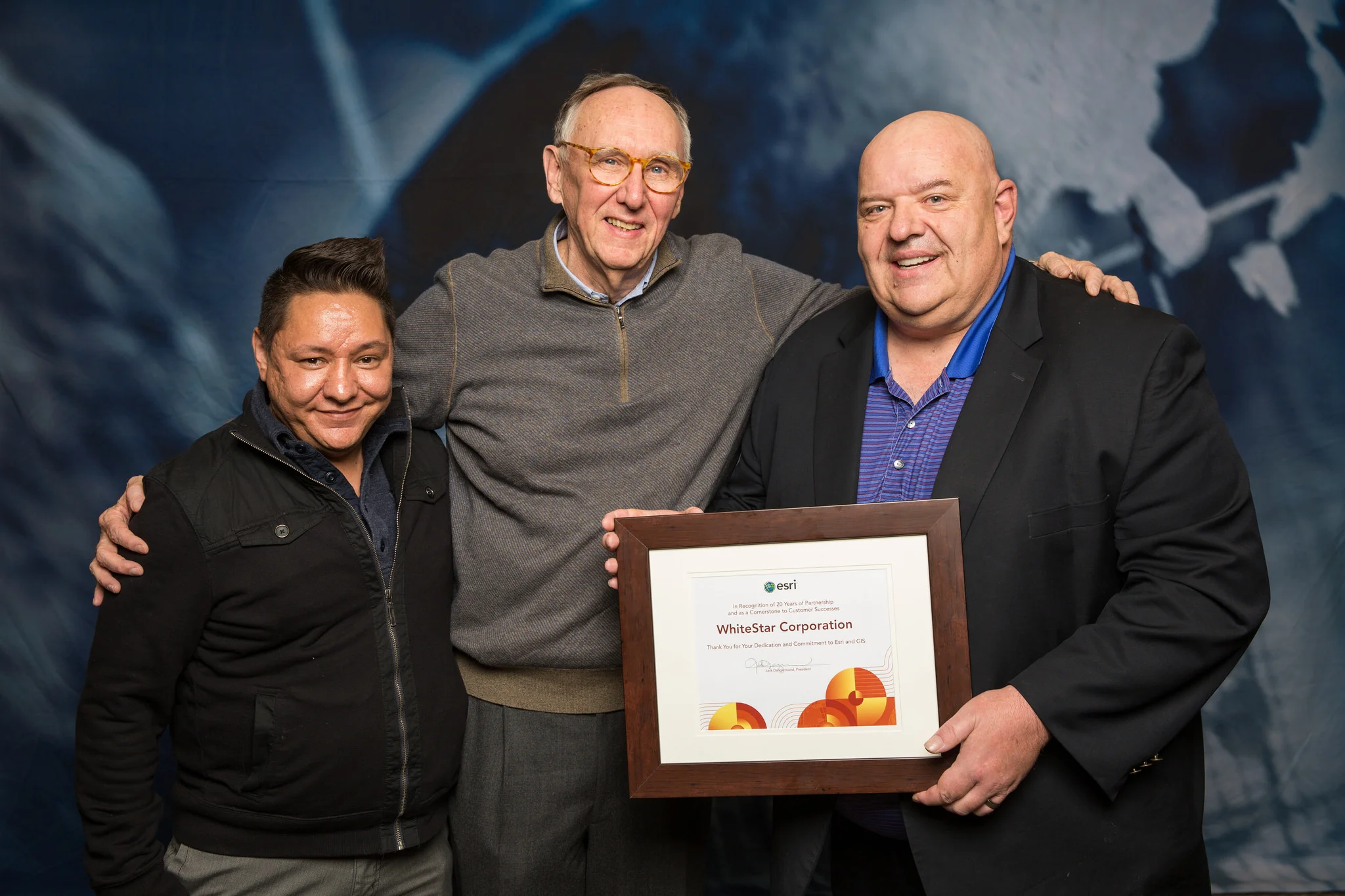 WhiteStar VP of Sales, Adam Cordova, Esri CEO, Jack Dangermond, Whitestar CEO, Robert C. White Jr.
