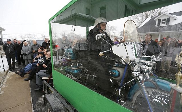 Highway to heaven? Billy Standley leads his own funeral procession with Harley-Davidson glass casket