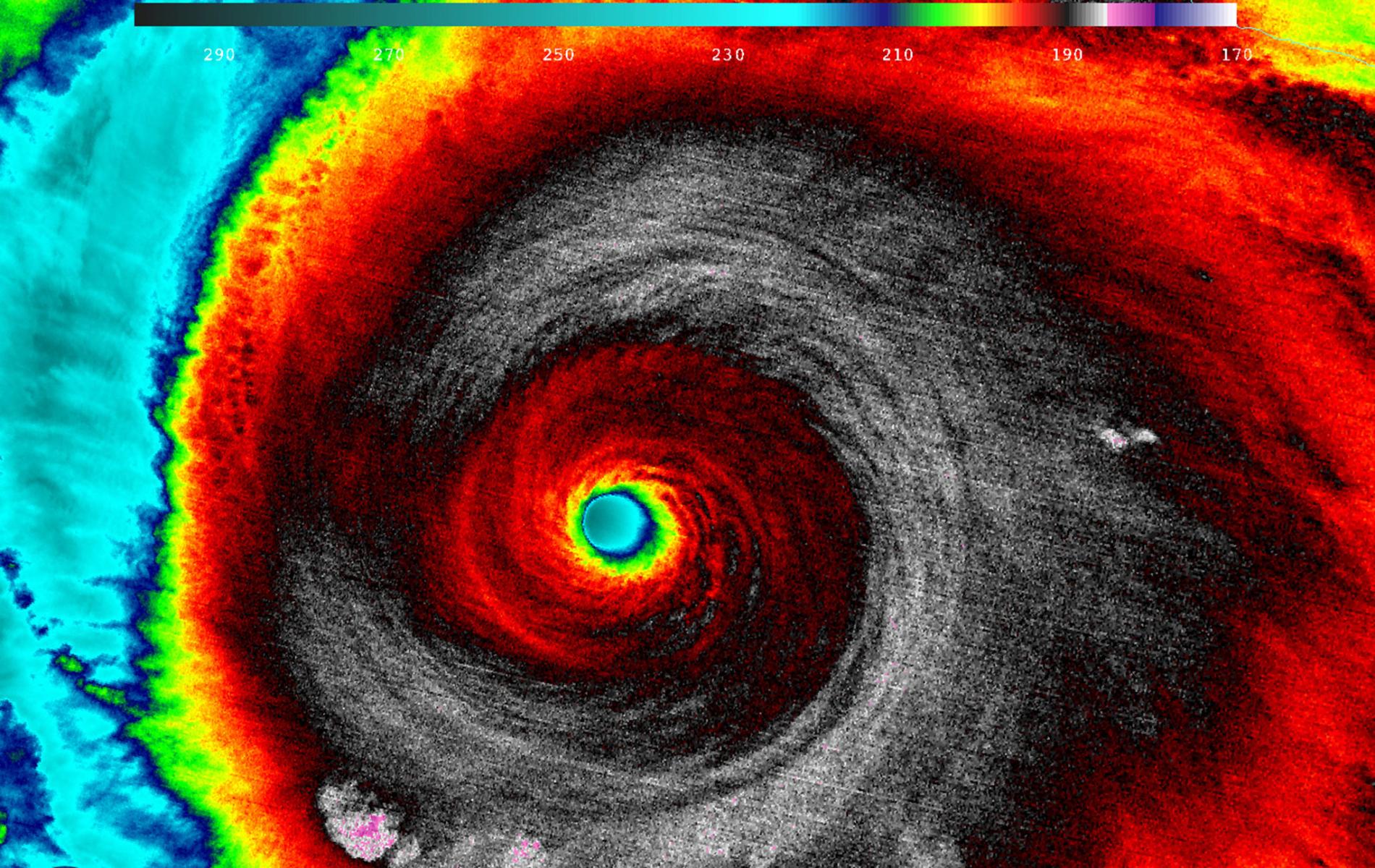 Image of Hurricane Patricia (2015) which, off the Pacific coast of Mexico, reached speeds of 345 km/h (215 mph)