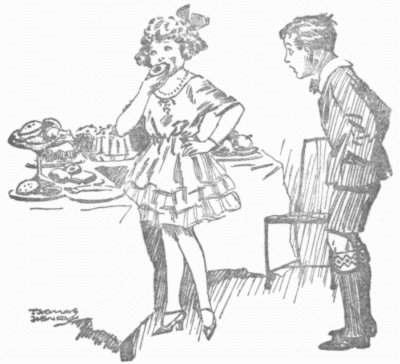 William watches Evangeline Fish have her cake and eat it. Illustration by Thomas Henry from Richmal Crompton's books of the 1920s